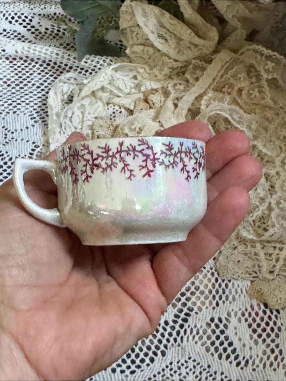 Vintage Iridescent White Demitasse Cup with Burgundy Vine Trim